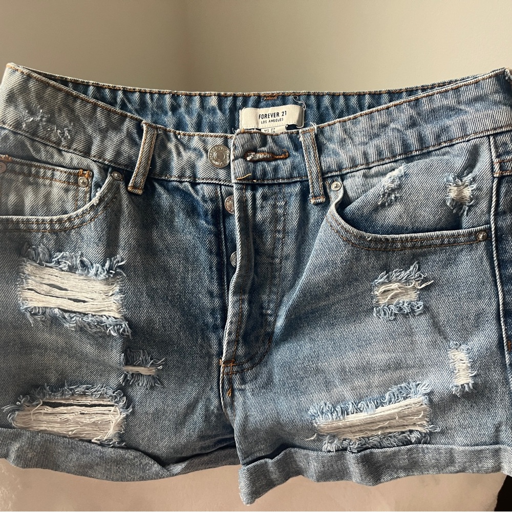 Forever 21 Light Wash Ripped Denim Shorts